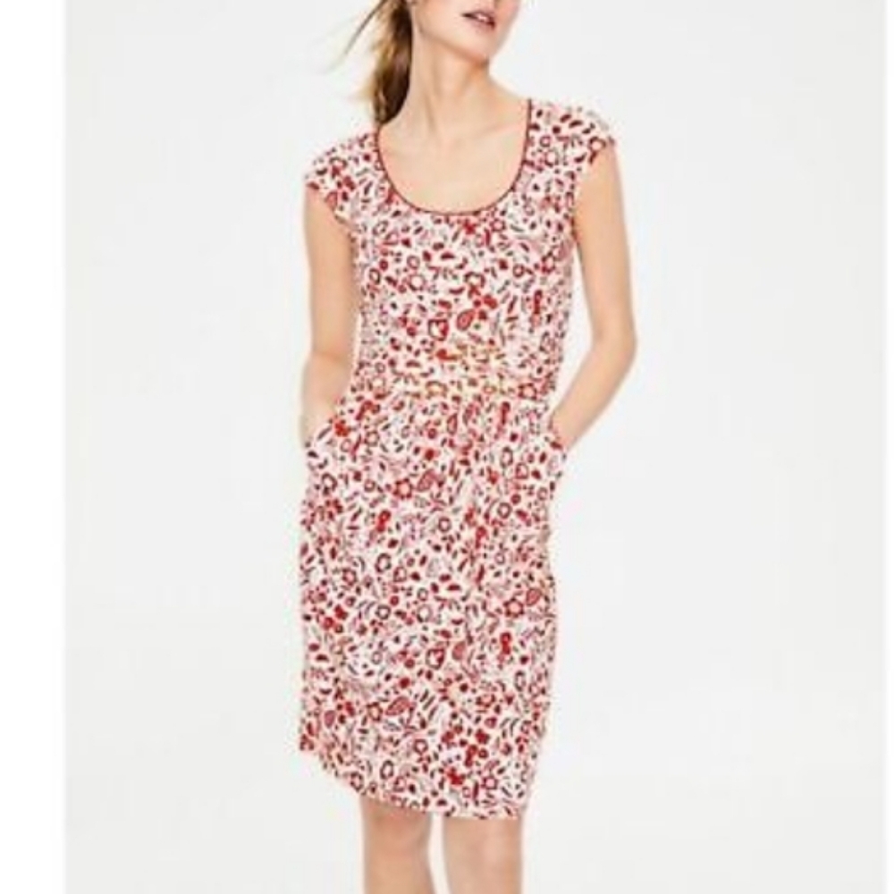 Boden (Size 10R) Red & White Floral Print Jersey Knit Dress w Pockets (NEW-NWT)